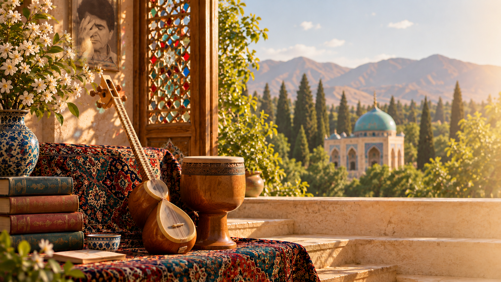 فضای ایرانی با تار و تنبک در کنار پنجره